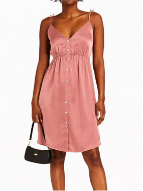 RETROFÊTE Diane Silk Mini Dress Dusty Rose Rhinestone Button Slip Size S